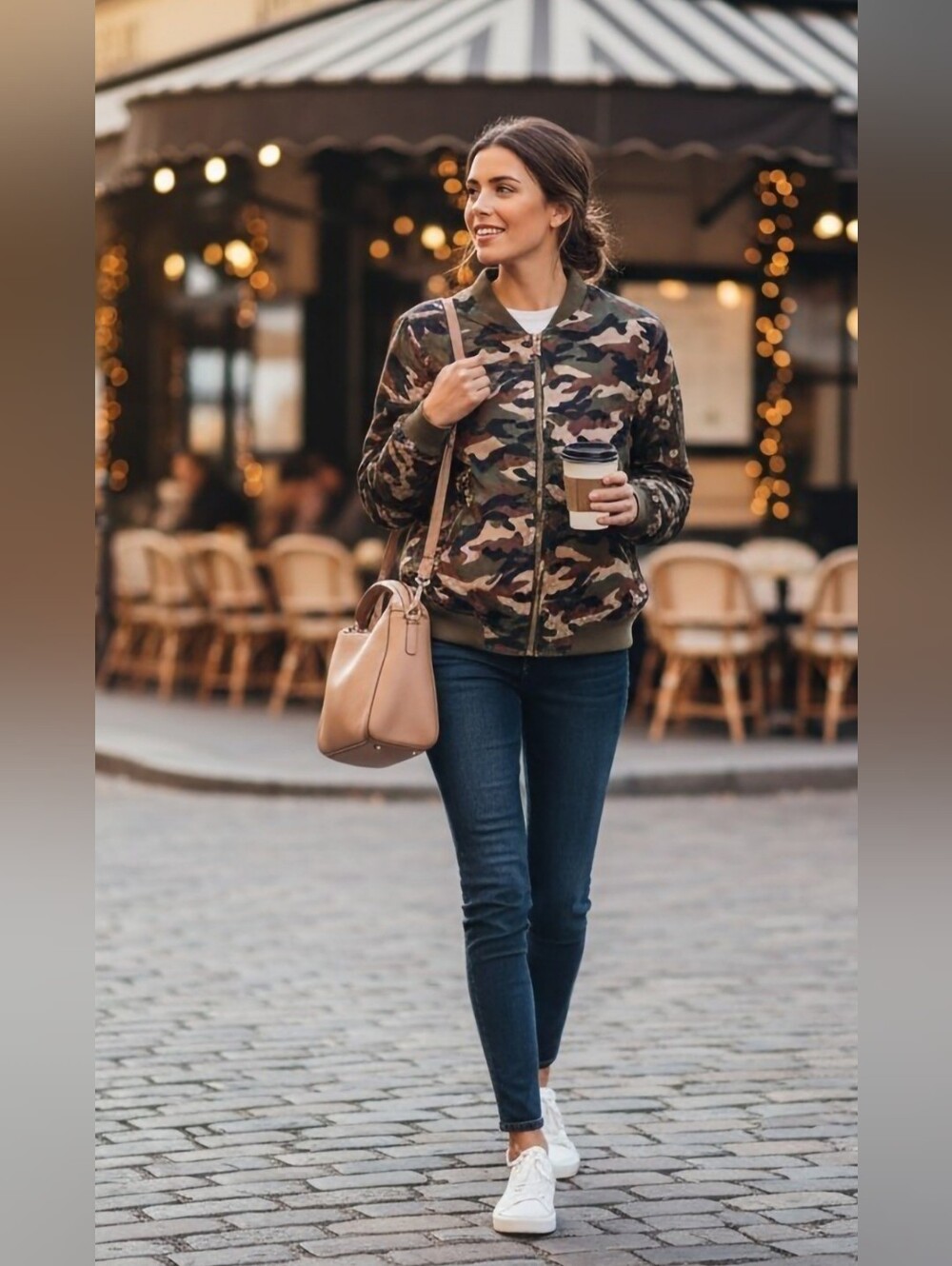 "IT GIRL" Women's Size XL Olive Drab Camouflage Green Bomber Jacket Gold Zipper.